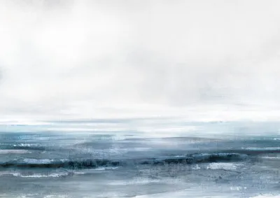 abstracte horizontale illustratie van water, zee, wolken en landelijke kust met penseelstreken