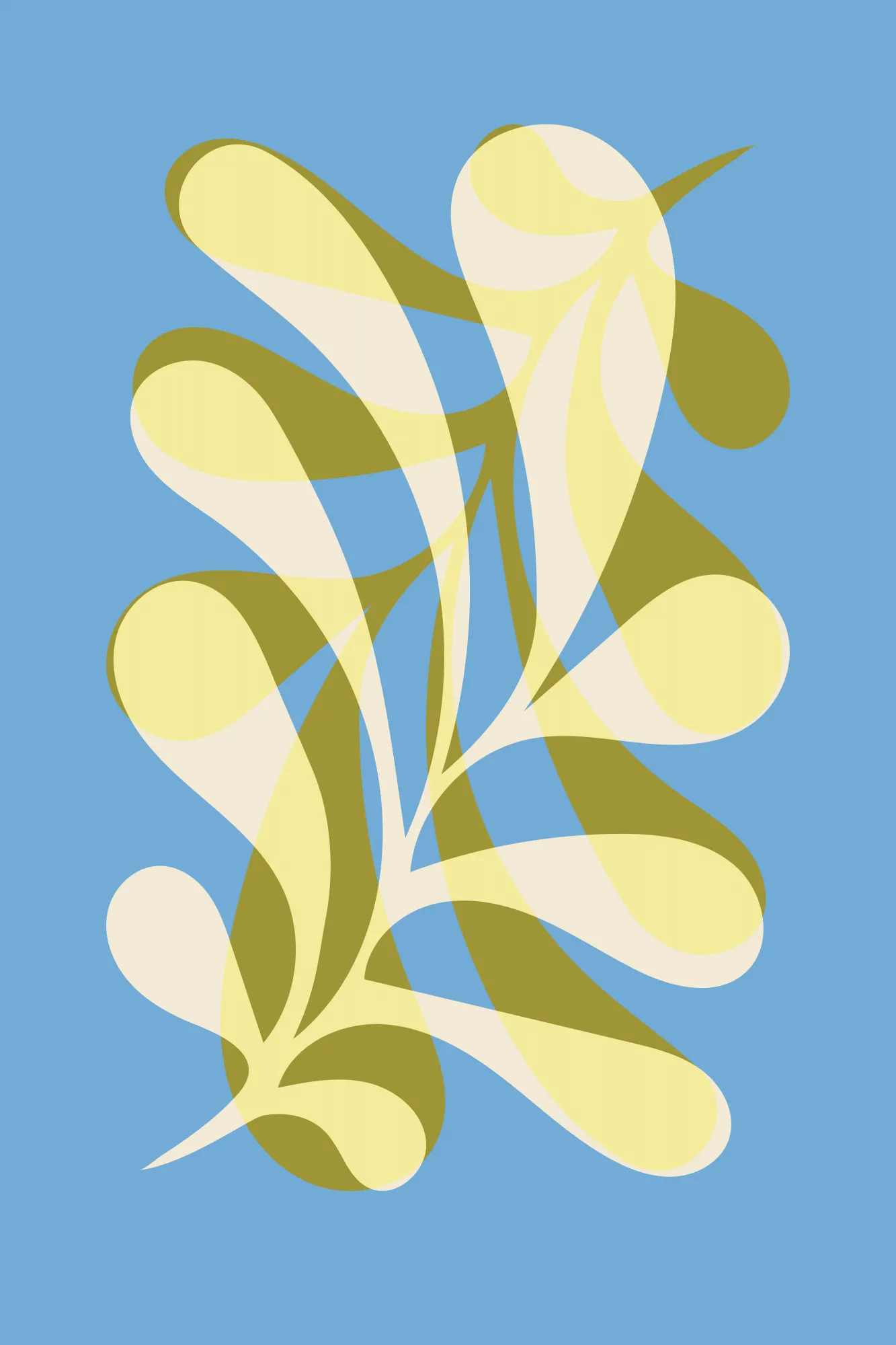 Verticale botanische illustratie met bladeren in blauw en groen