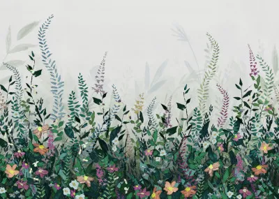 Horizontale illustratie van een buitenlands bloemenlandschap met groene bladeren en paarse lavendel