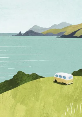 Verticale illustratie van van life bus aan kust met zee, bergen en natuur in Cornwall, UK