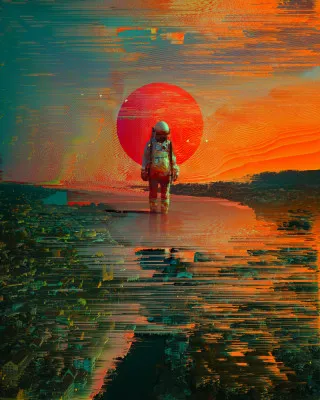 Verticale surrealistische illustratie van astronaut, abstracte glitch en outdoor scène met diverse kleuren