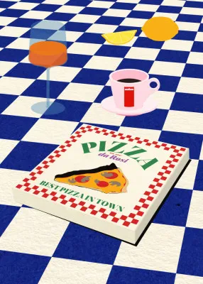 Verticale kleurrijke illustratie van een buiten tafereel met Italiaans menu, pizza, espresso en spritz in paper cut-out stijl