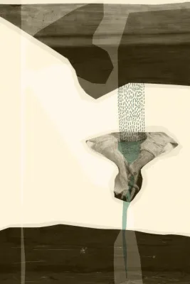 Verticaal surrealistisch kunstwerk met mensen en buitenlucht in grijs, zwart en wit tinten