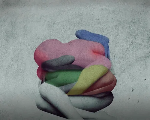 Horizontale abstracte fotografie met kleurrijke menselijke lichaamsvormen en natuurlijke texturen in een surrealistisch landschap