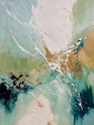 Verticale abstracte illustratie met golvende groene en blauwe lijnen en texturen die natuurlijke aardse stromingen voorstellen