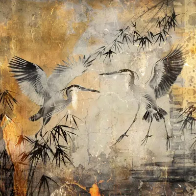 Vierkante vintage illustratie van kolibries en bloemen in een groene buitenomgeving met blauwe accenten