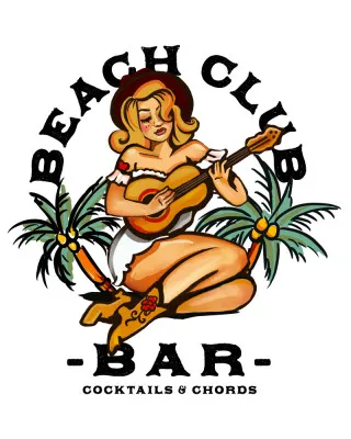 Beach Club Bar. Sailor Jerry Style Pin-up Girl Playing Guitar