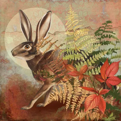 Vierkante illustratie van een haas in een herfstlandschap met warme, natuurlijke kleuren
