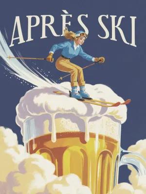 Verticale vintage après-ski illustratie van vrouw met bierglas, skis en wolkenlucht in retro stijl
