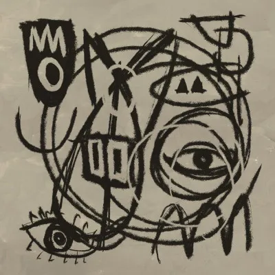 Vierkante abstracte illustratie met beige tinten, expressieve penseelstreken en grafische lijnen in een moderne buiten scène