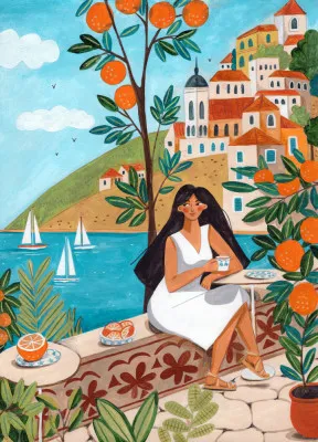 Verticale illustratie van vrouw zittend onder sinaasappelboom aan mediterrane kust met oranje kleuren en botanische details