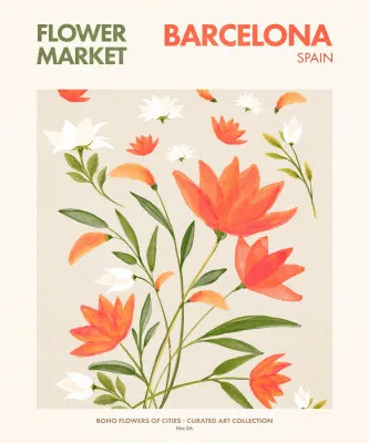 Verticale illustratie van bloemenmarkt in Barcelona met groene en oranje bloemen op witte achtergrond