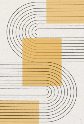 Verticale illustratie met gele lijnen en bogen in mid century modern stijl, abstract en minimalistisch