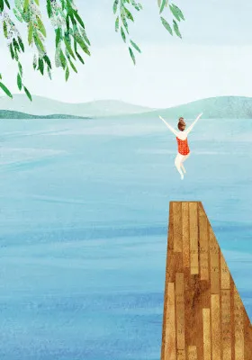 Illustratie van een vrouw in blauwe badkleding die in het meer van Annecy springt, zomers waterscÃ¨ne in Frankrijk