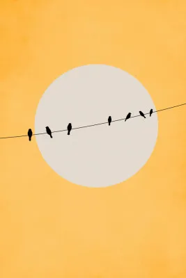 verticale illustratie van vogels en dieren in geel nachtlicht met kubistische lijnen en silhouetten