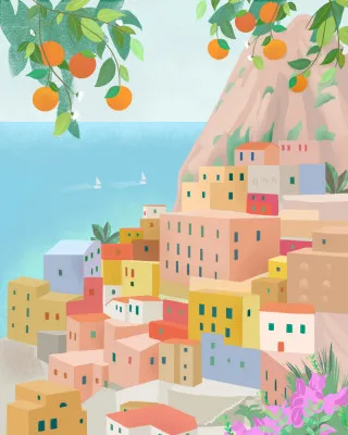 Verticale illustratie van Amalfikust met oranje gebouwen en buitenlucht, mediterrane landschapssfeer