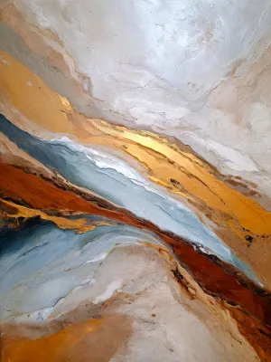 Verticale abstracte illustratie met golvende lijnen in goud en blauw, geïnspireerd op natuurlijke landschappen