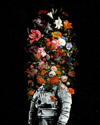 Verticale illustratie van een astronaut tussen bloemen en sterren in een nachtelijke kosmos scène
