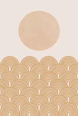 Verticale abstracte illustratie met golvende lijnen en cirkels in warme beige tinten, moderne geometrische wanddecoratie