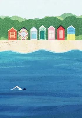 Verticale illustratie van kleurrijke beach huts met mensen aan Brighton Beach, Melbourne
