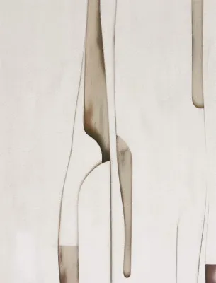 Verticale minimalistische illustratie met beige, offwhite en organische lijnen in een abstract outdoor scène