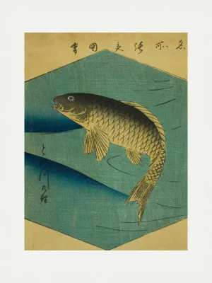 Verticale Japanse houtblokprint van karpers in groene Tone rivier, traditionele Japanse kunst