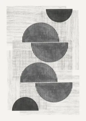 Abstracte zwart-wit illustratie met geometrische lijnen en halve cirkels in verticale compositie