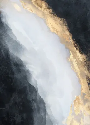 Verticale abstracte illustratie van een buitenlandschap met gouden tinten en vloeiende lijnen