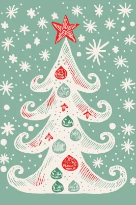 verticale illustratie van een speelse kerstboom in diep groene, witte en oranje tinten in buitenlandschap