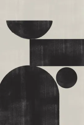 Verticaal zwart-wit geometrisch abstract kunstwerk met cirkels en vormen in minimalistische stijl