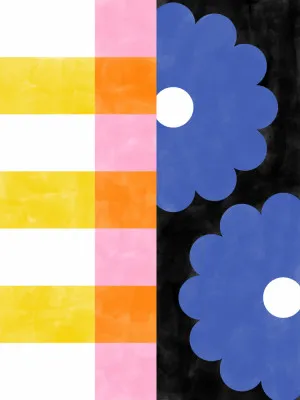 Verticale kleurrijke abstracte illustratie met bloemige geometrische patronen in blauw, roze en geel