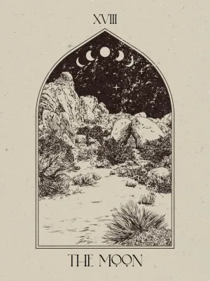 verticale vintage poster the moon met nachtelijk landschap en inspirerende woorden in beige tinten