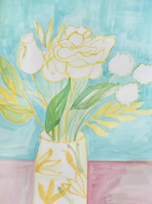 Verticale illustratie van pastelkleurige bloemen in een buitenlandschap, botanisch en sereen