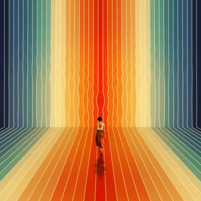 Vierkante kleurrijke vintage collage 'Here I Come' met mensen, rood, blauw en oranje in een surrealistische outdoor scène