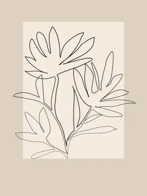 Verticale minimalistische zwart-wit lijntekening van bloemen en bladeren in abstracte botanische stijl