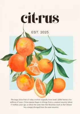 Verticale illustratie van oranje citrusvruchten in zomerse buitenlucht met groene bladeren