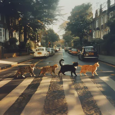 Illustratie van katten die een zebrapad oversteken in een retro stedelijke straat met vintage auto's en sepia tinten