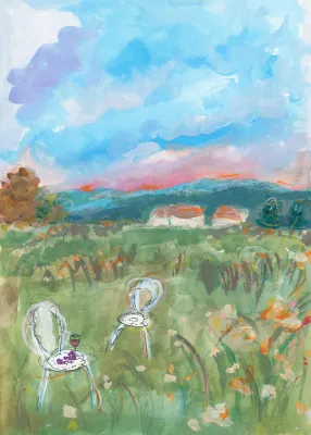 Verticale waterverf illustratie van een romantische diepe roze zonsondergang boven groen gras in landelijk landschap