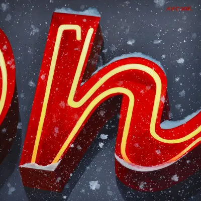 vierkante illustratie met een winterse buitenscène in rood en karmijn, sneeuw en vorst zichtbaar