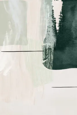 Verticale abstracte illustratie met groene en crèmekleurige vormen en geometrische lijnen