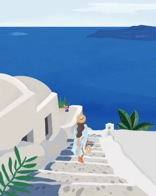 Illustratie Into the Blue van Petra Lizde met vrouw bij wit gebouw en blauw zeelandschap op Santorini