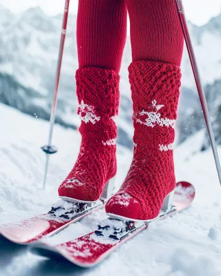 Vrouw in rode retro skikleding en hoge hakken staat in sneeuw tijdens wintersport buiten
