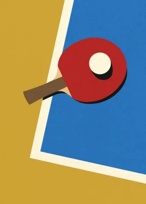 Verticale papercut illustratie van een tafeltennisteam in actie met gele accenten en rackets