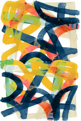 Verticale abstracte illustratie met kleurrijke geometrische vormen en een buitenlucht scène