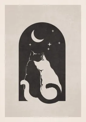 Zwart-wit verticale illustratie van kat silhouetten onder maan en sterren in de nachtelijke hemel