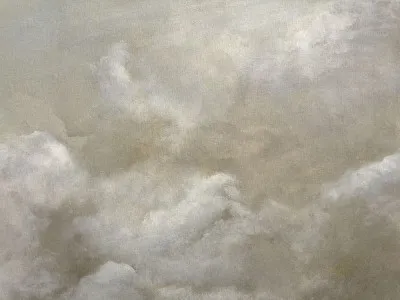 Horizontale abstracte illustratie van wolken en lucht met beige en blauwe tinten, handgeschilderd en minimalistisch