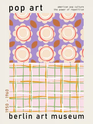 Verticale popart illustratie met roze cirkels en geometrische patronen geïnspireerd op Berlijns museum