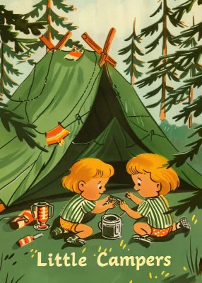 Verticale vintage illustratie van kinderen die kamperen onder een groene kerstboom met tenten