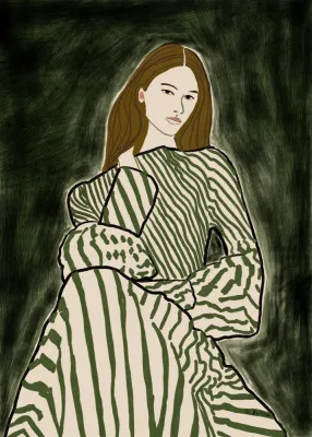 Verticale illustratie van een vrouw zittend in groene gestreepte jurk met aardse kleuren, buitenomgeving