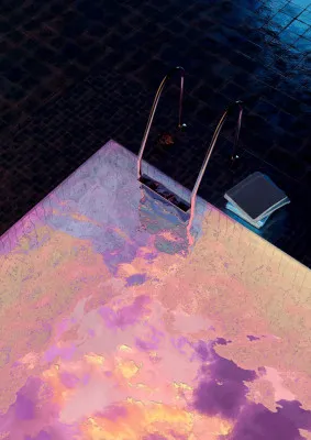 Verticale foto van een retro futuristisch zwembad in roze en paarse vaporwave kleuren met reflecties en dromerige sfeer